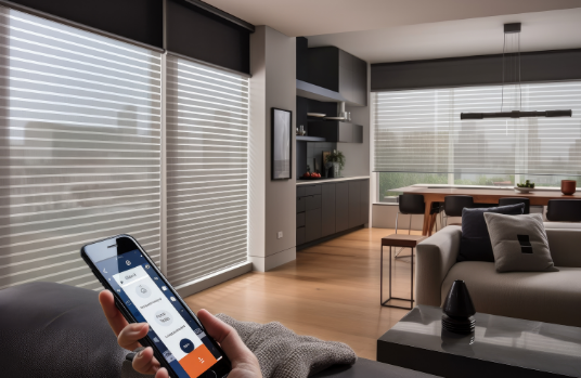 pair automated blinds controlled by remote that open close sync created with generative ai